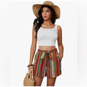 NWOT: 2 piece Boho outfit with white cropped tank and tribal print belted shorts